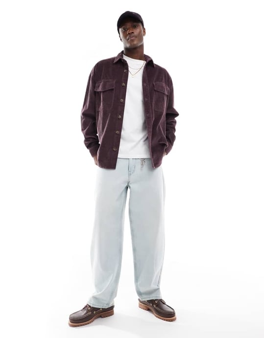 ASOS DESIGN 90s oversized cord shirt with patch pocket in dark plum - Image 4