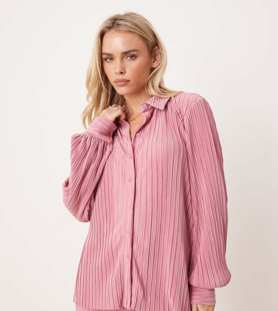 Vila Petite plisse shirt co-ord in dusty pink - Image 1