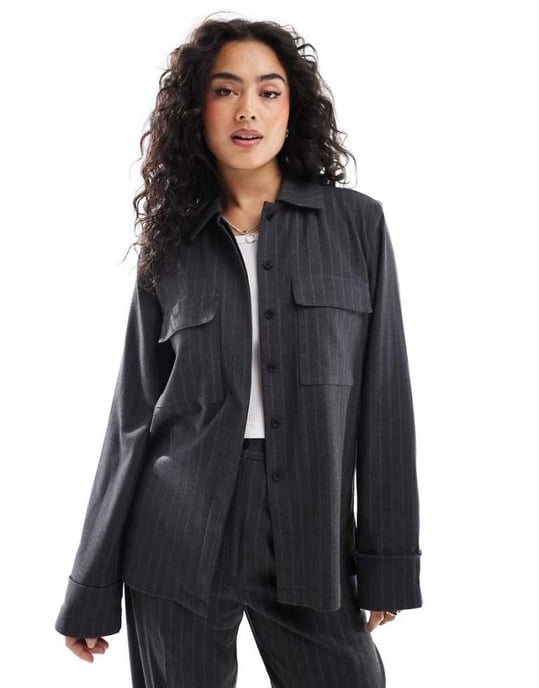 ASOS DESIGN tailored brushed shirt in stripe in charcoal co-ord - Image 1