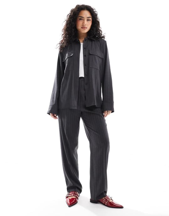 ASOS DESIGN tailored brushed shirt in stripe in charcoal co-ord - Image 2