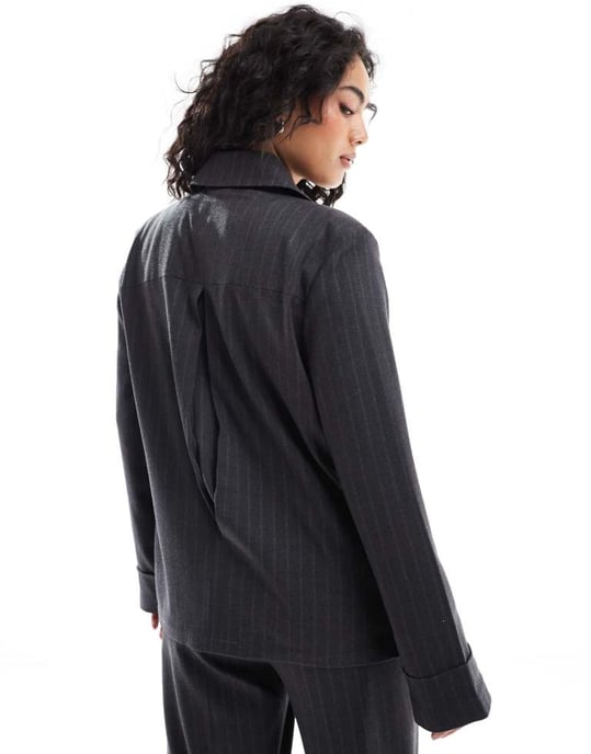 ASOS DESIGN tailored brushed shirt in stripe in charcoal co-ord - Image 3