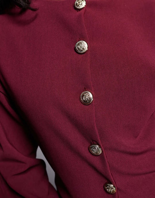 ASOS DESIGN co-ord ribbed balloon sleeve structured top with gold buttons in burgundy - Image 3