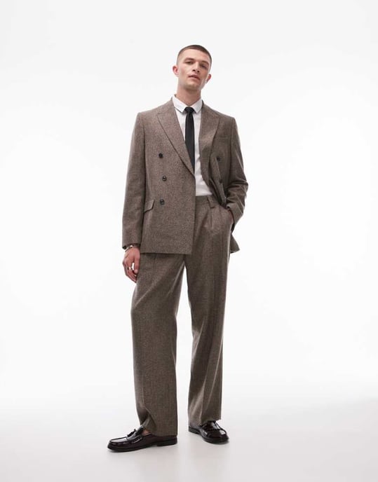 Topman oversized herringbone double breasted jacket in brown - Image 1