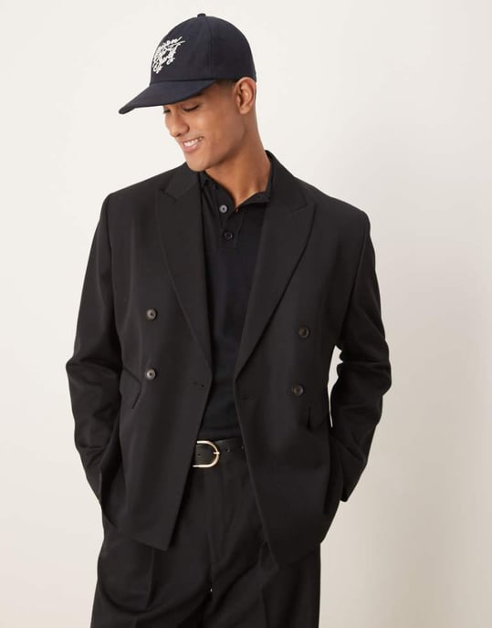 ASOS DESIGN boxy double breasted suit jacket in black - Image 1