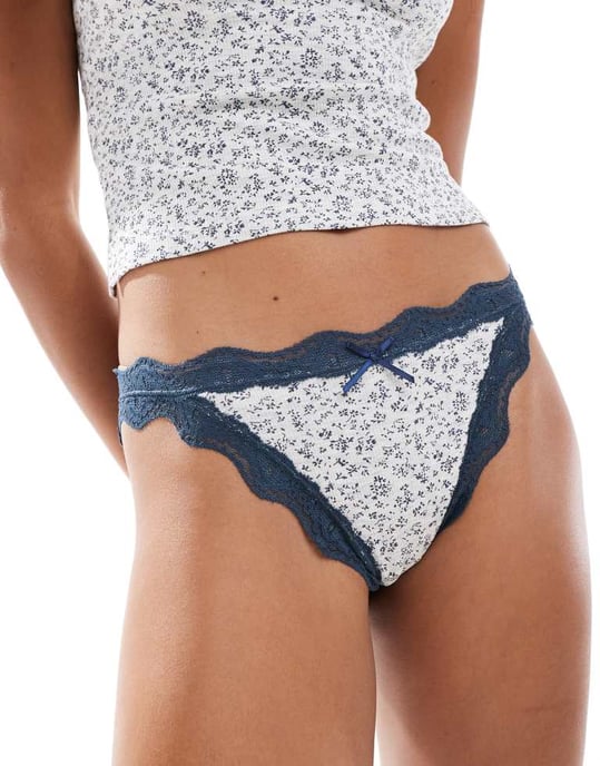 ASOS DESIGN Cassie rib cami and brief set in grey & navy ditsy print - Image 3