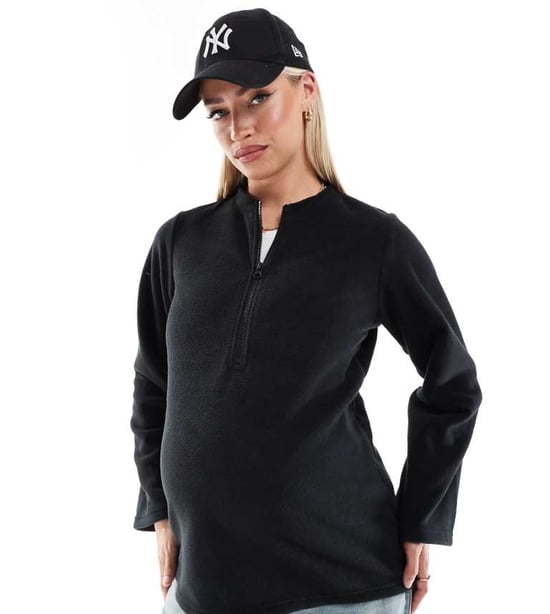 Mamalicious Maternity zip front fleece with wide sleeves in black - Image 1