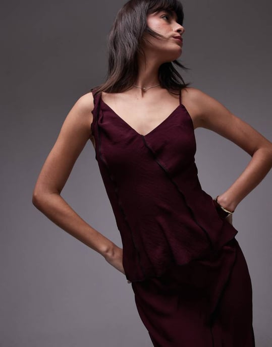 Topshop co-ord twist strap raw edge cami in burgundy - Image 1