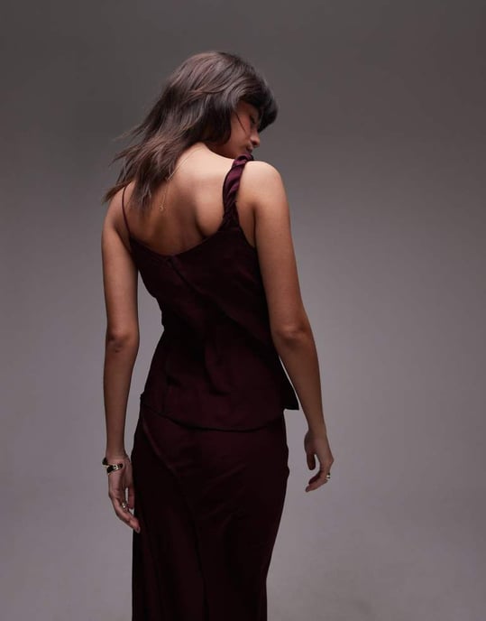 Topshop co-ord twist strap raw edge cami in burgundy - Image 3