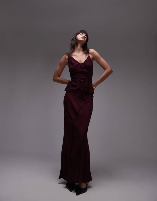 Topshop co-ord twist strap raw edge cami in burgundy - Image 4