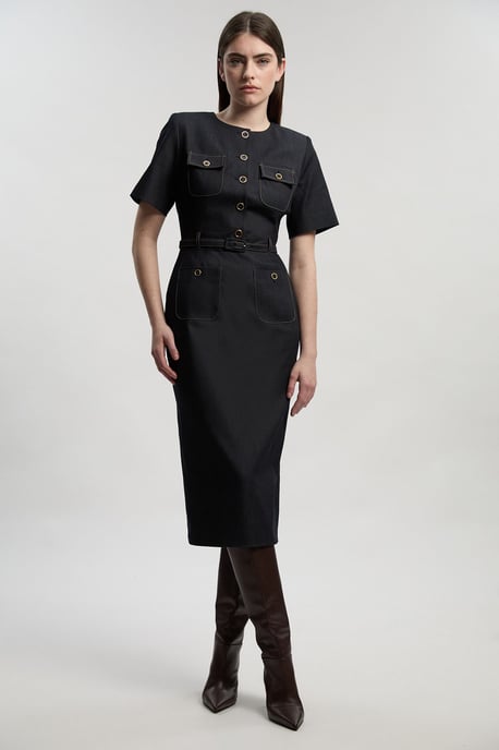 Tailored Denim Belted Midi Dress - Image 1