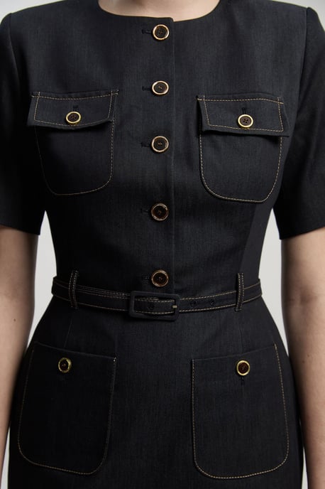 Tailored Denim Belted Midi Dress - Image 3