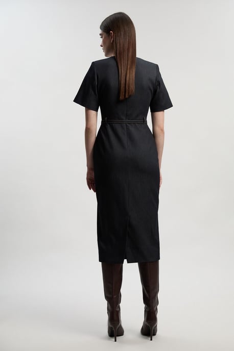 Tailored Denim Belted Midi Dress - Image 4