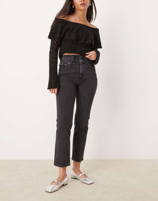 Abercrombie & Fitch double waistband straight fit jeans in black - Image 1