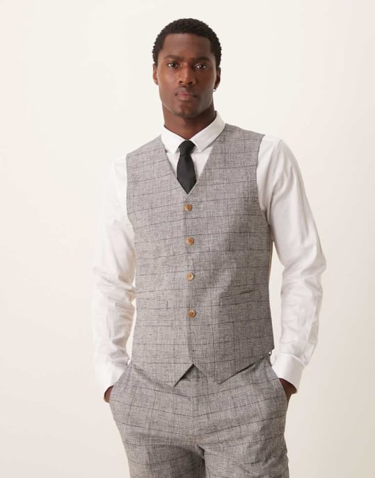 ASOS DESIGN new skinny with linen suit waistcoat in grey prince of wales check - Image 1