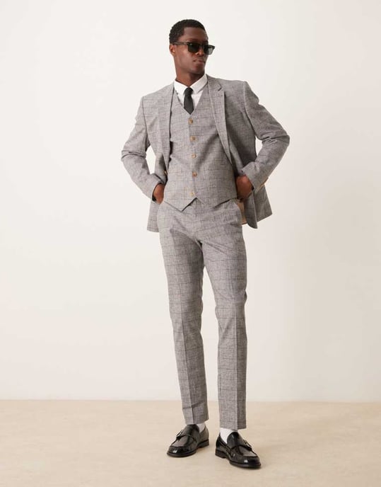 ASOS DESIGN new skinny with linen suit waistcoat in grey prince of wales check - Image 3