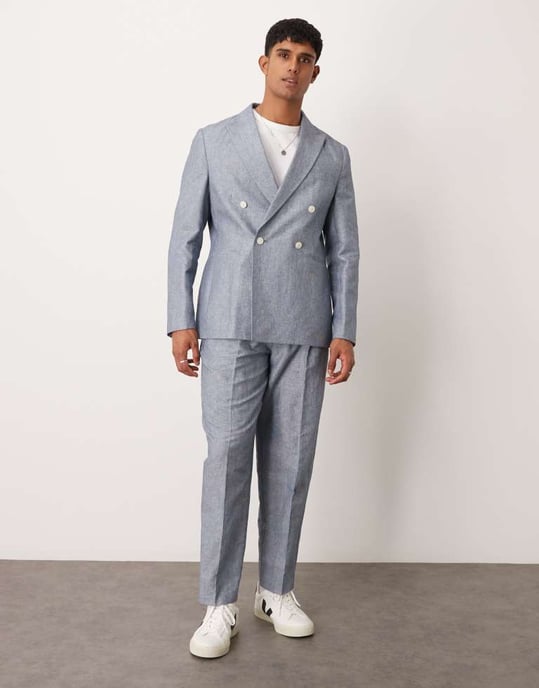 ASOS DESIGN linen double breasted regular suit jacket with stripes in indigo - Image 2