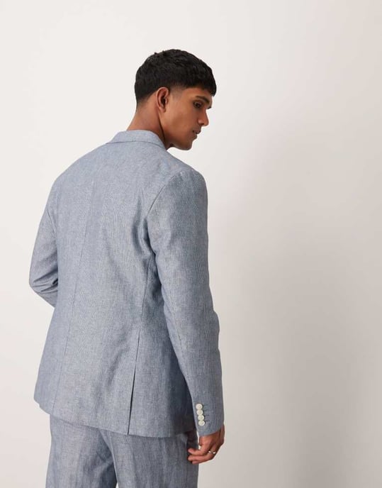 ASOS DESIGN linen double breasted regular suit jacket with stripes in indigo - Image 4