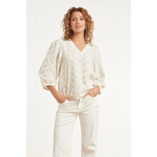 Smashed Lemon Crème blouse met fijne bloemenprint en v-hals | - Image 3