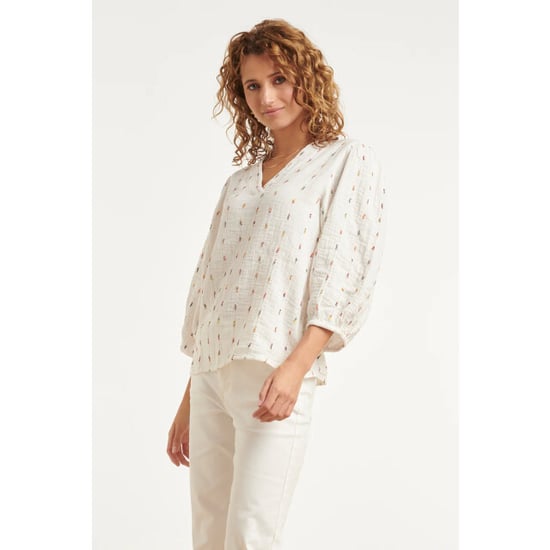 Smashed Lemon Witte blouse met subtiele multicolor details en v-hals | - Image 5
