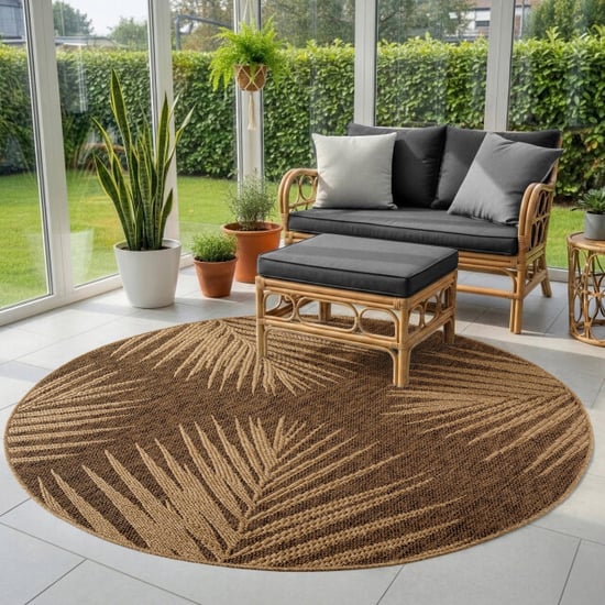 Muratap Timber floral rond buitenkleed – jute look – weerbestendig – 200 cm rond - Image 4