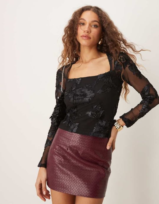 Gina Tricot sheer square neck top with placement embroidery applique in black - Image 1