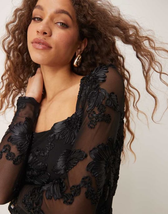 Gina Tricot sheer square neck top with placement embroidery applique in black - Image 2