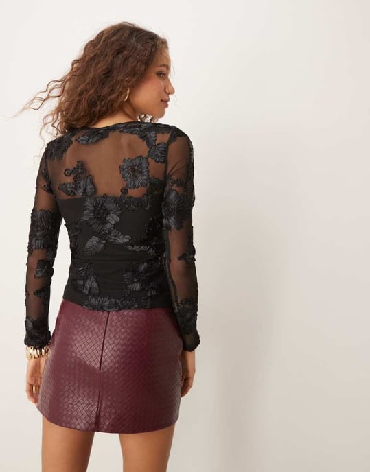 Gina Tricot sheer square neck top with placement embroidery applique in black - Image 3