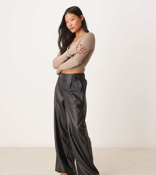 JDY Petite high waisted wide leg faux leather trousers in black - Image 1