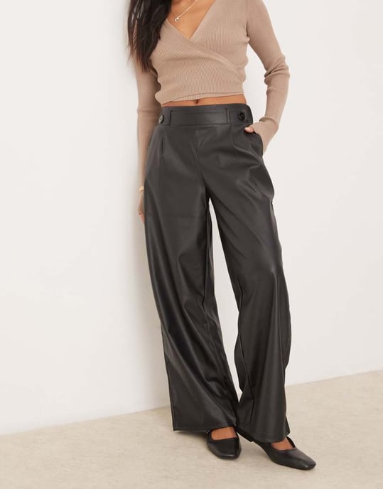 JDY Petite high waisted wide leg faux leather trousers in black - Image 2