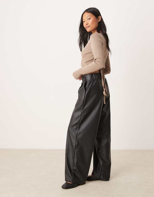 JDY Petite high waisted wide leg faux leather trousers in black - Image 4