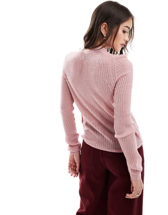 ASOS DESIGN high v neck fine gauge cardigan in pink - Image 4