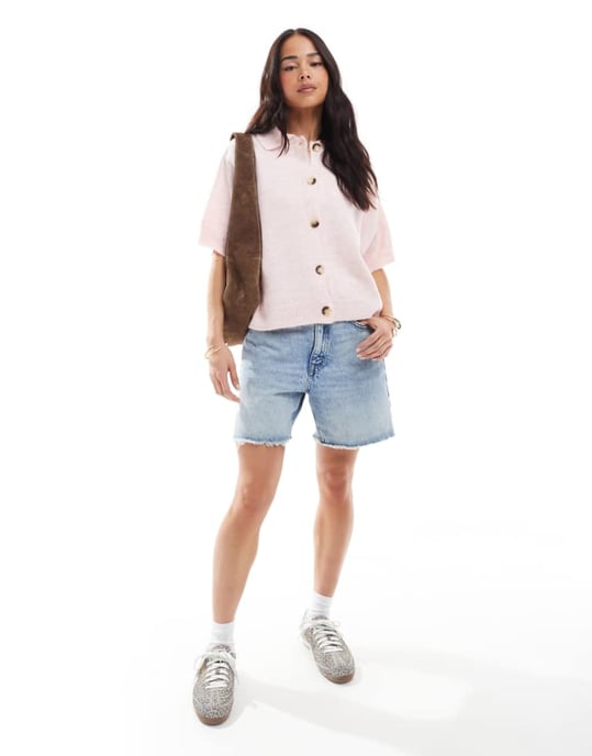 ASOS DESIGN knitted short sleeve shirt cardigan in pink - Image 1