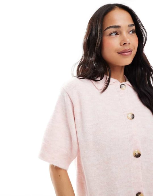 ASOS DESIGN knitted short sleeve shirt cardigan in pink - Image 2