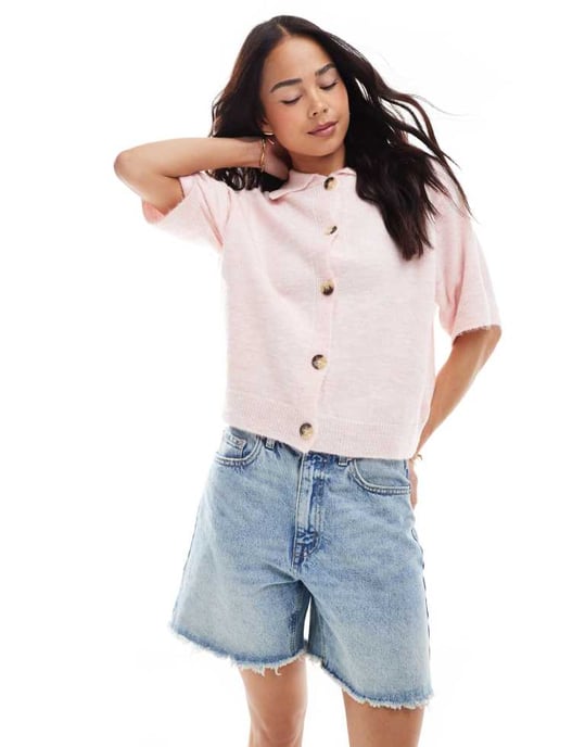 ASOS DESIGN knitted short sleeve shirt cardigan in pink - Image 3