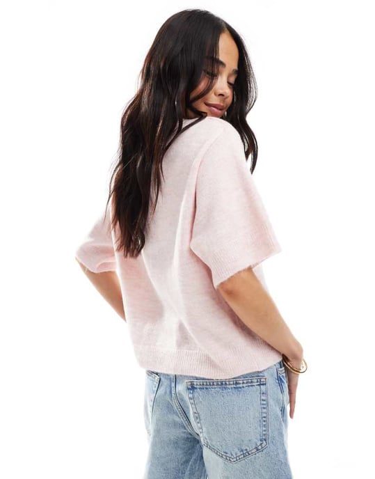ASOS DESIGN knitted short sleeve shirt cardigan in pink - Image 4