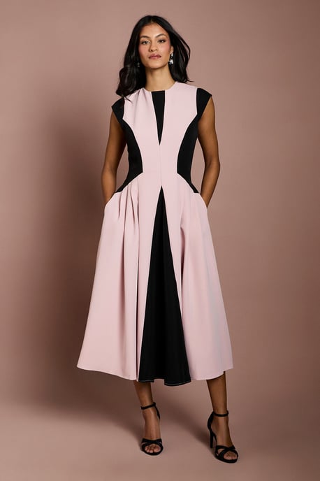Petite Crepe colour Block Midi Dress - Image 1