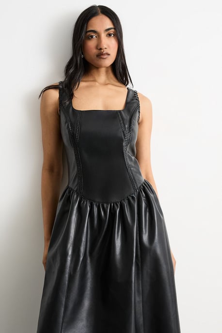 Faux Leather Whipstitch Trim Midi Dress - Image 2