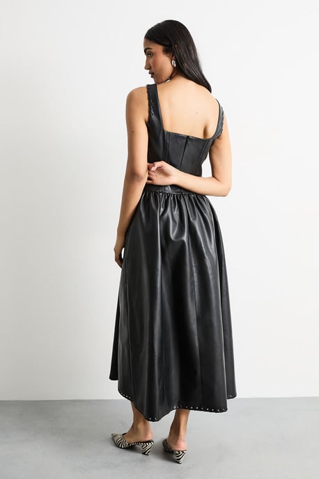 Faux Leather Whipstitch Trim Midi Dress - Image 3