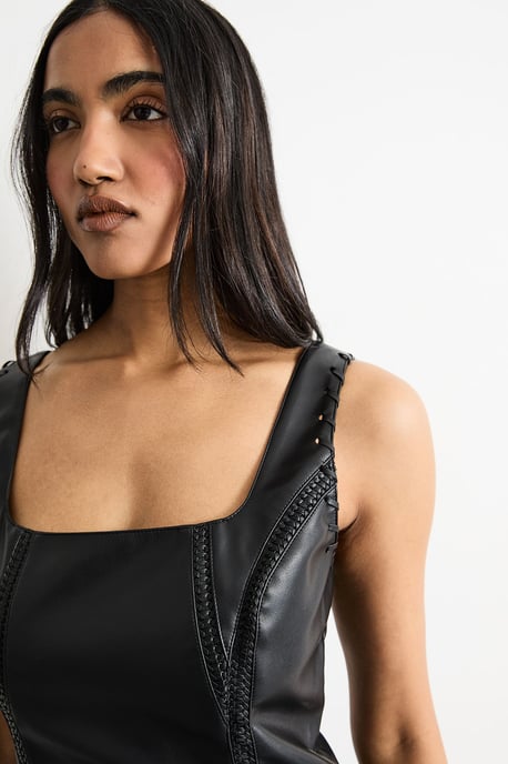Faux Leather Whipstitch Trim Midi Dress - Image 4