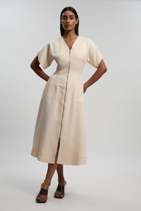 Tencel Blend Tailored V Neck Zip Detail Maxi Dress - Image 2