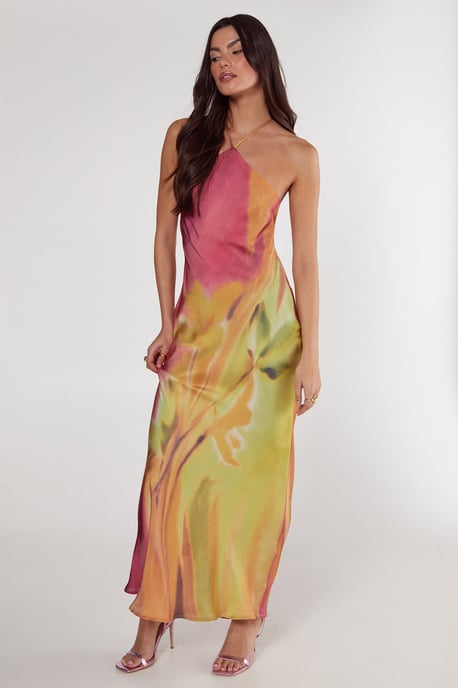Satin Floral Ombre Halter Neck Cowl Back Maxi Dress - Image 1