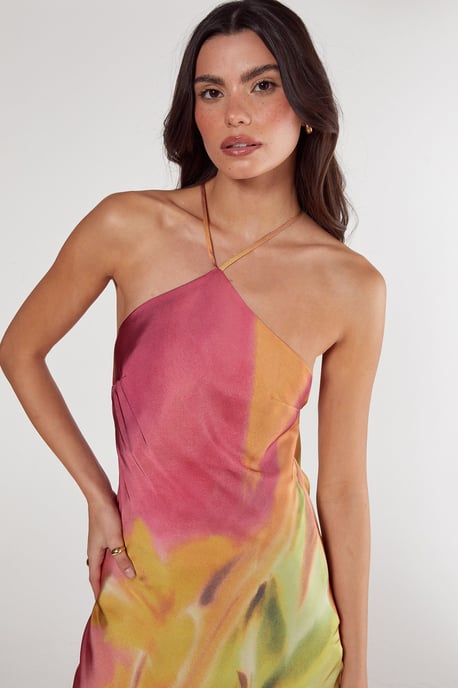 Satin Floral Ombre Halter Neck Cowl Back Maxi Dress - Image 2