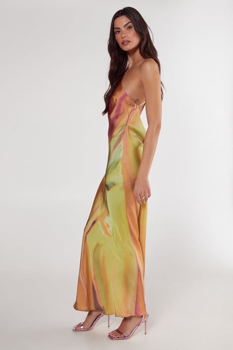 Satin Floral Ombre Halter Neck Cowl Back Maxi Dress - Image 3