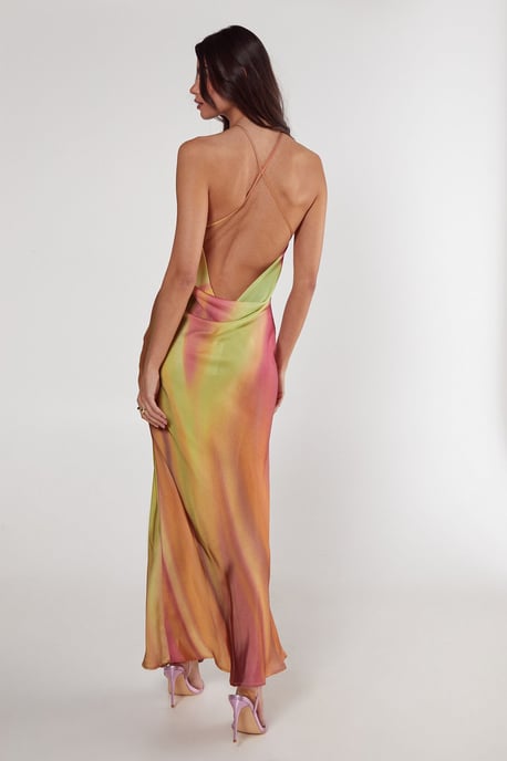 Satin Floral Ombre Halter Neck Cowl Back Maxi Dress - Image 4