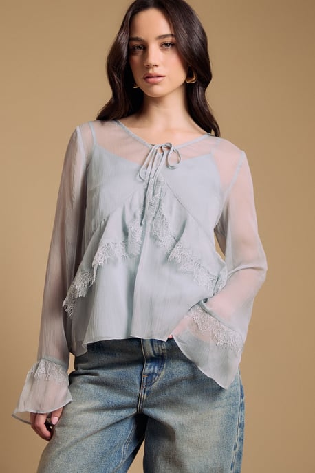 Fluted sleeve lace trim blouse - Image 1
