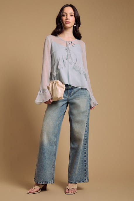 Fluted sleeve lace trim blouse - Image 4