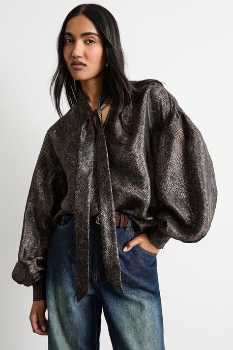 Printed Pussybow Tie Neck Blouson Sleeve Blouse - Image 1