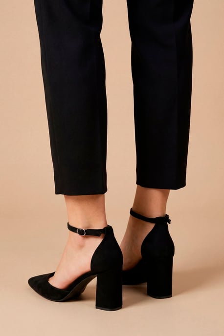 Blanche Faux Suede Ankle Strap Pointed High Block Heel Court Shoes - Image 2