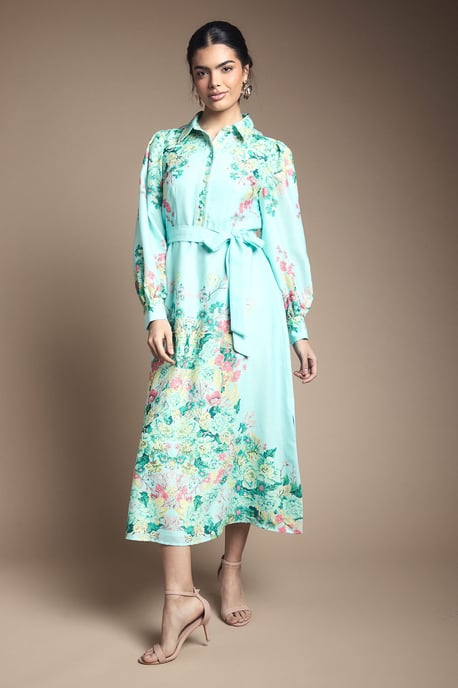 Floral Western Belted Midi Shirt Dress - Image 1