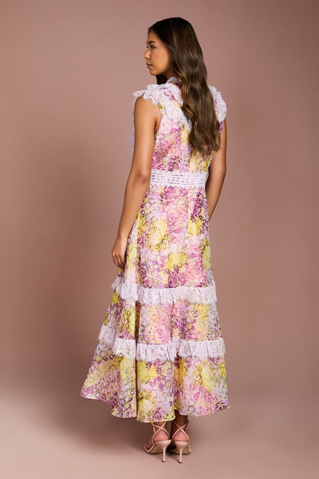 Lace Trim Printed Georgette Midi Dress - Image 3